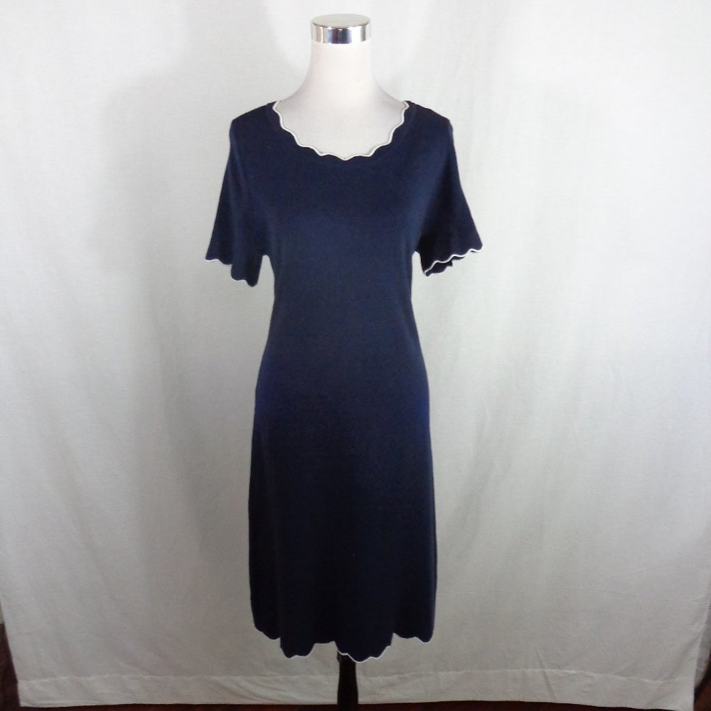 ANN TAYLOR woman’s Navy Blue Sweater dress short Sleeve size LP scalloped trim